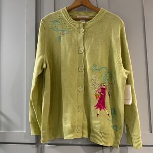 NWT Susan Bristol Light Green Fairy Embroidered Cardigan Sweater Size‎ 1W